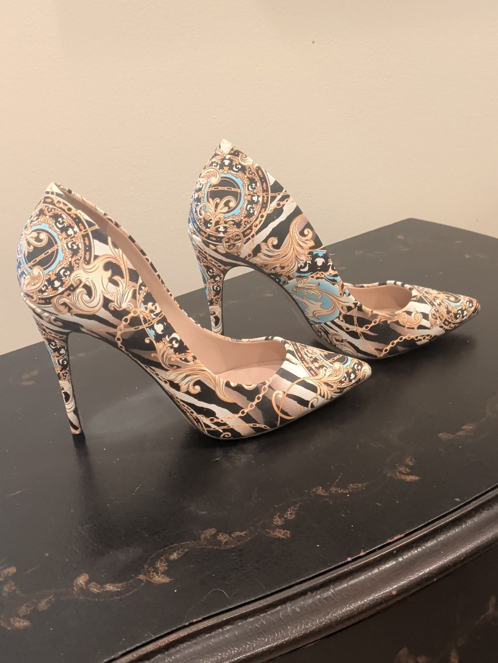 ALDO Black, Gold & Blue Patterned Pointed-Toe Stiletto Heels